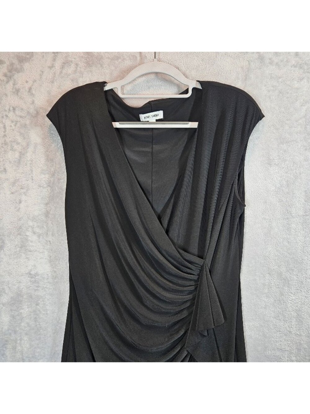 Jones Studio Draped Ruffle Midi Dress Womens Size 14 Black Party fitted cocktail